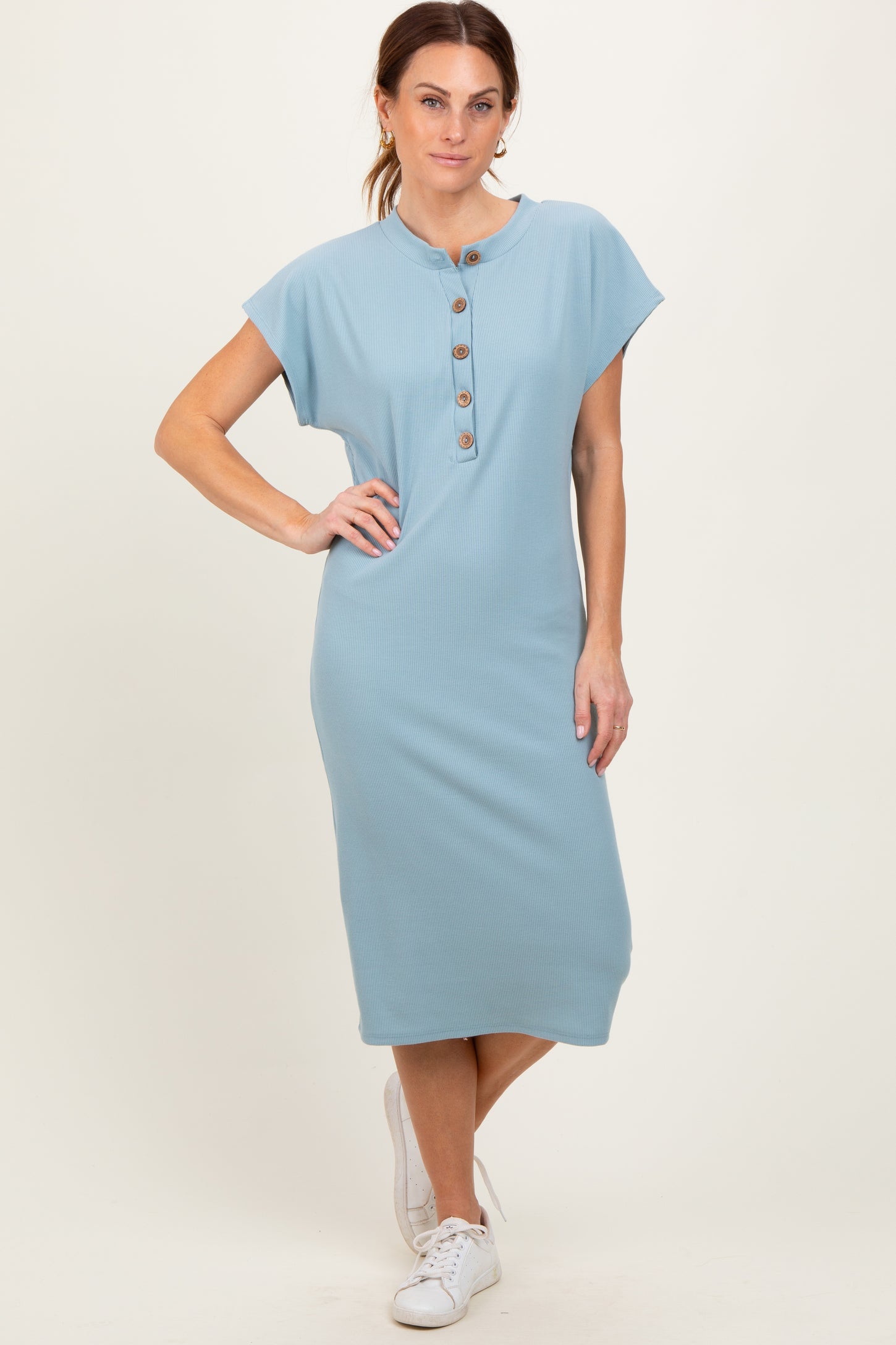 Blue Solid Ribbed Short Sleeve Button Down Knit Midi Dress Blue Solid Ribbed Short Sleeve Button Down Knit Midi Dress