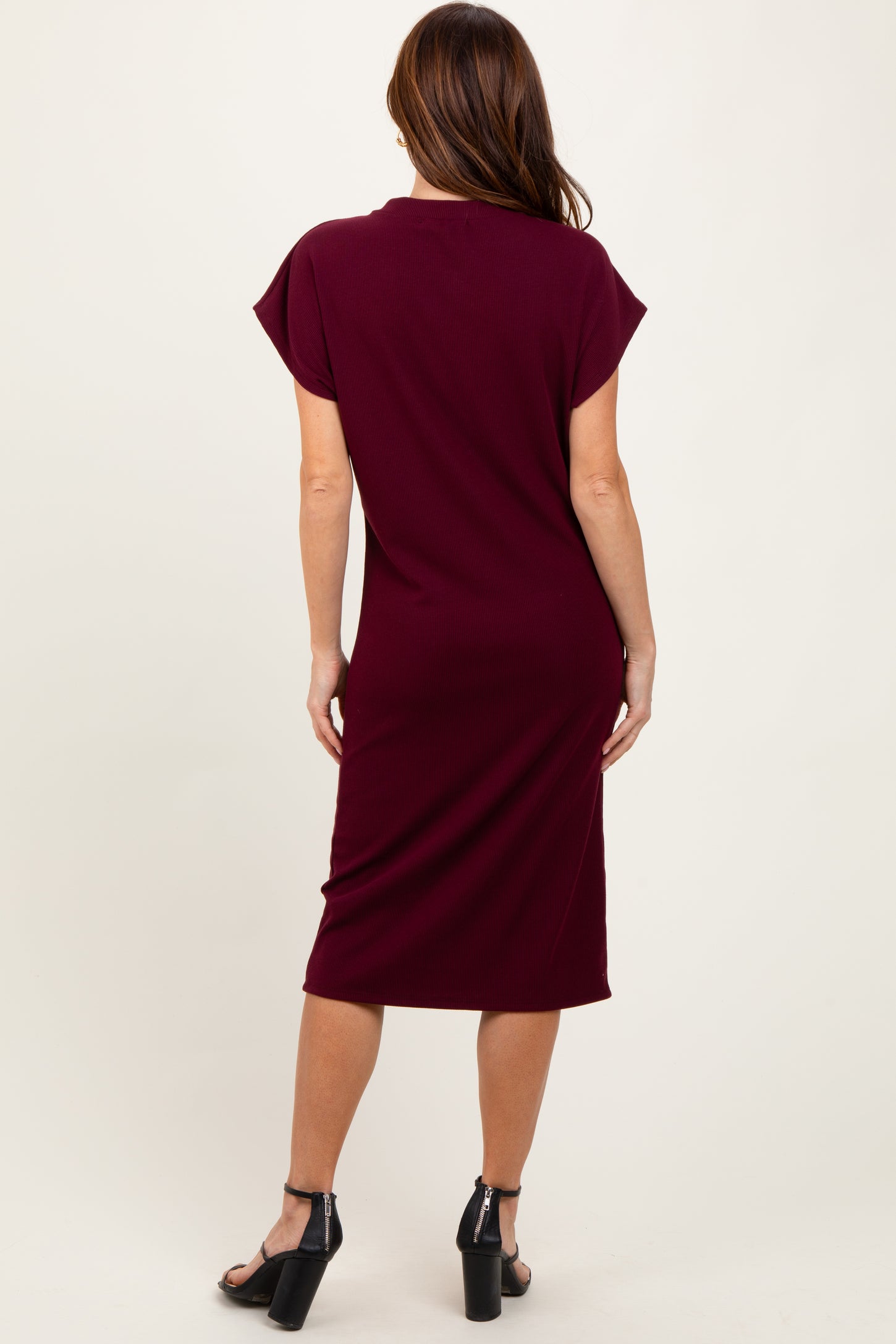 Burgundy Solid Ribbed Short Sleeve Button Down Knit Midi Dress