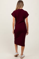 Burgundy Solid Ribbed Short Sleeve Button Down Knit Maternity Midi Dress