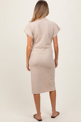 Beige Solid Ribbed Short Sleeve Button Down Knit Maternity Midi Dress