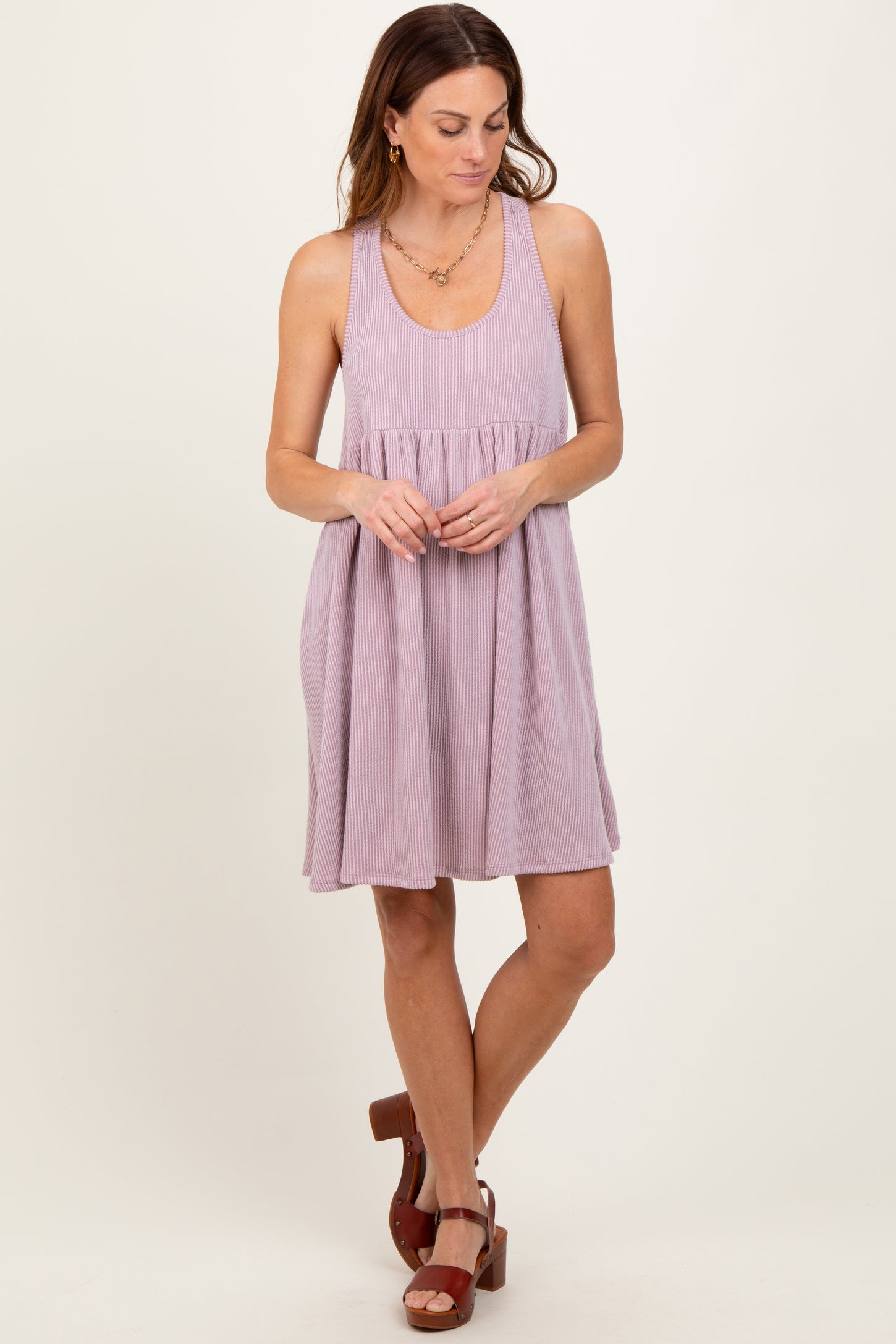 Mauve Ribbed Sleeveless Open Back Maternity Midi Dress