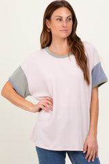 Peach Solid Ribbed Color Block Short Sleeve Tunic Top