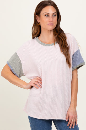 Peach Solid Ribbed Color Block Short Sleeve Tunic Top
