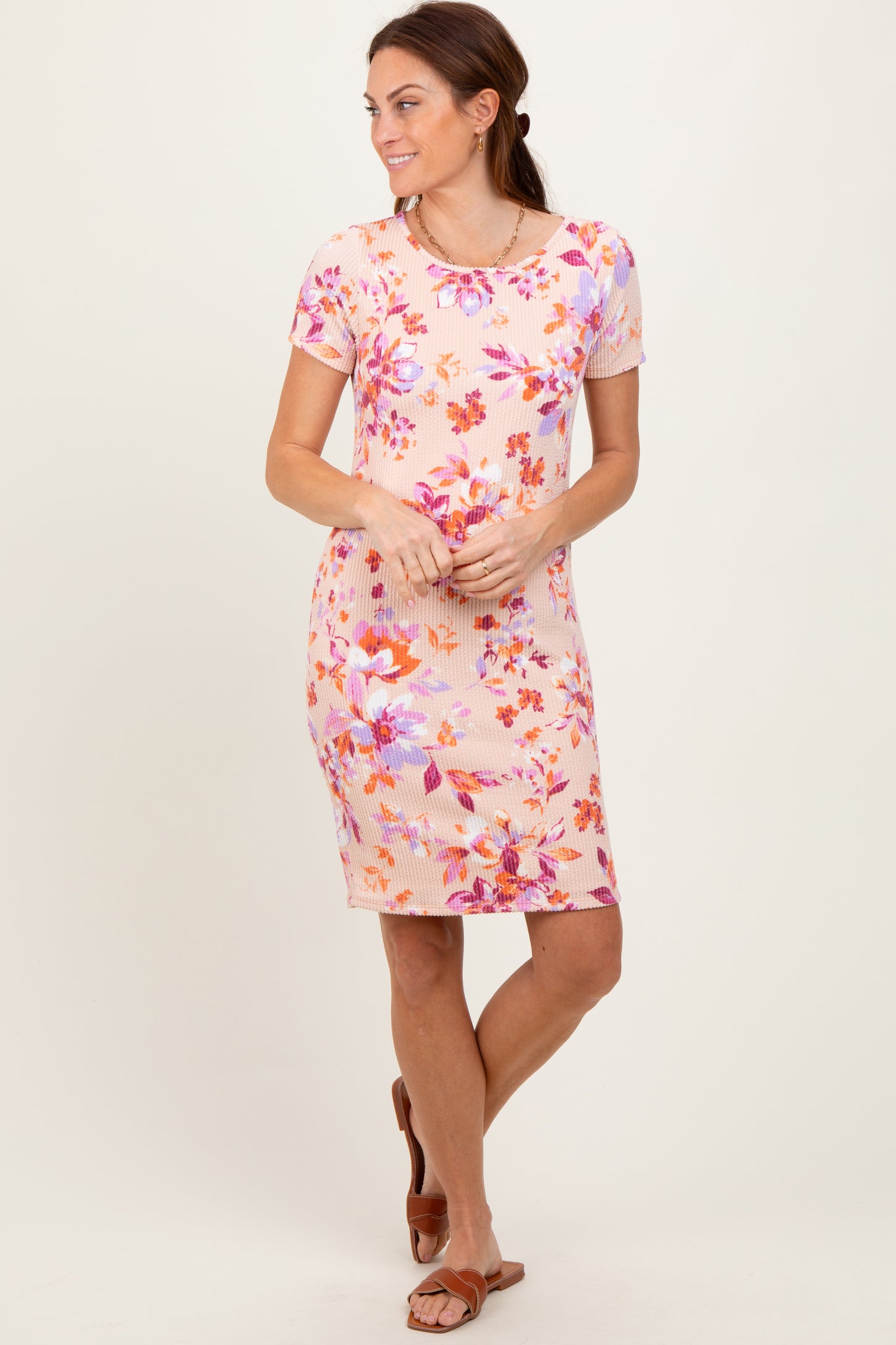 Peach Floral Short Sleeve Ruched Maternity Dress
