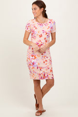 Peach Floral Short Sleeve Ruched Maternity Dress