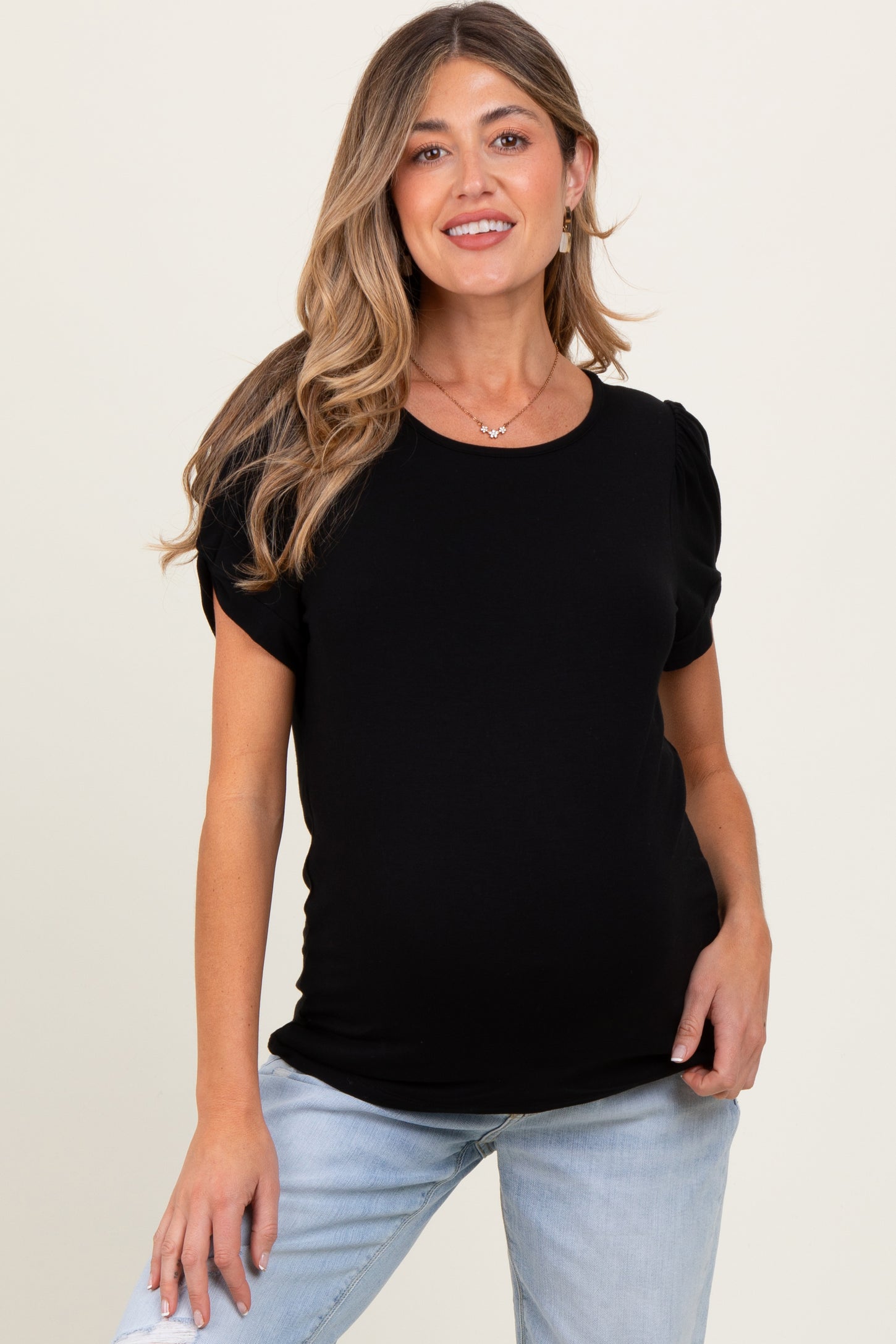 Black Basic Crew Neck Puff Sleeve Maternity Top