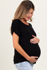 Black Basic Crew Neck Puff Sleeve Maternity Top
