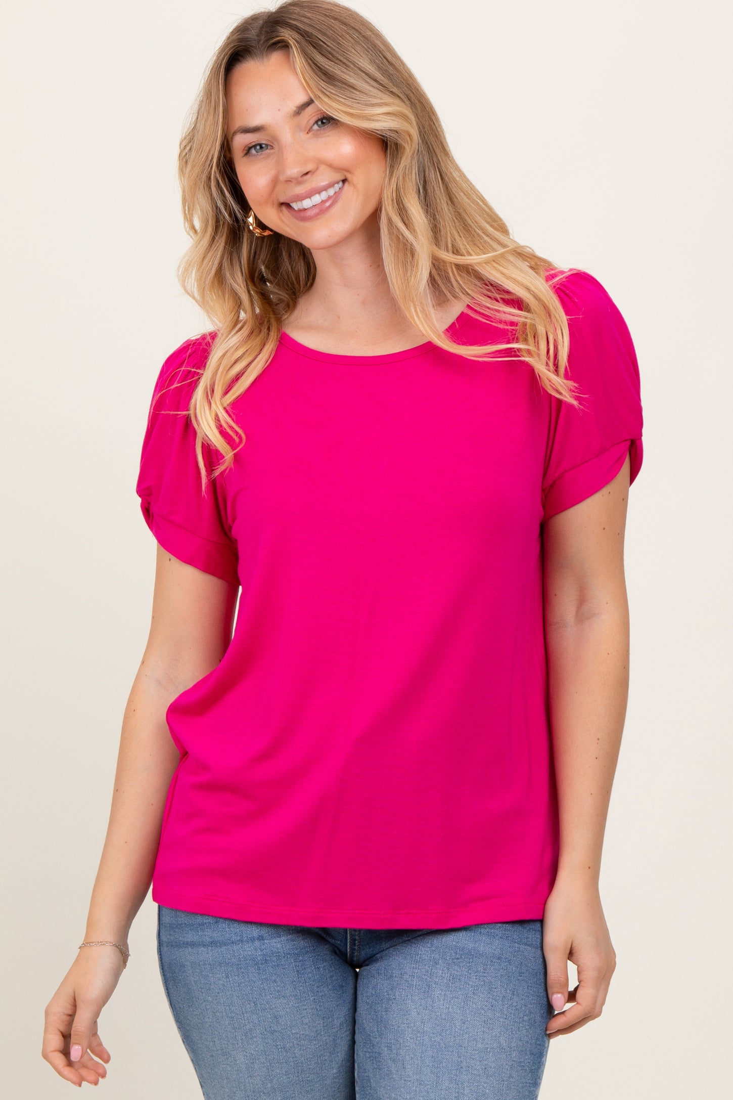 Fuchsia Basic Crew Neck Puff Sleeve Maternity Top