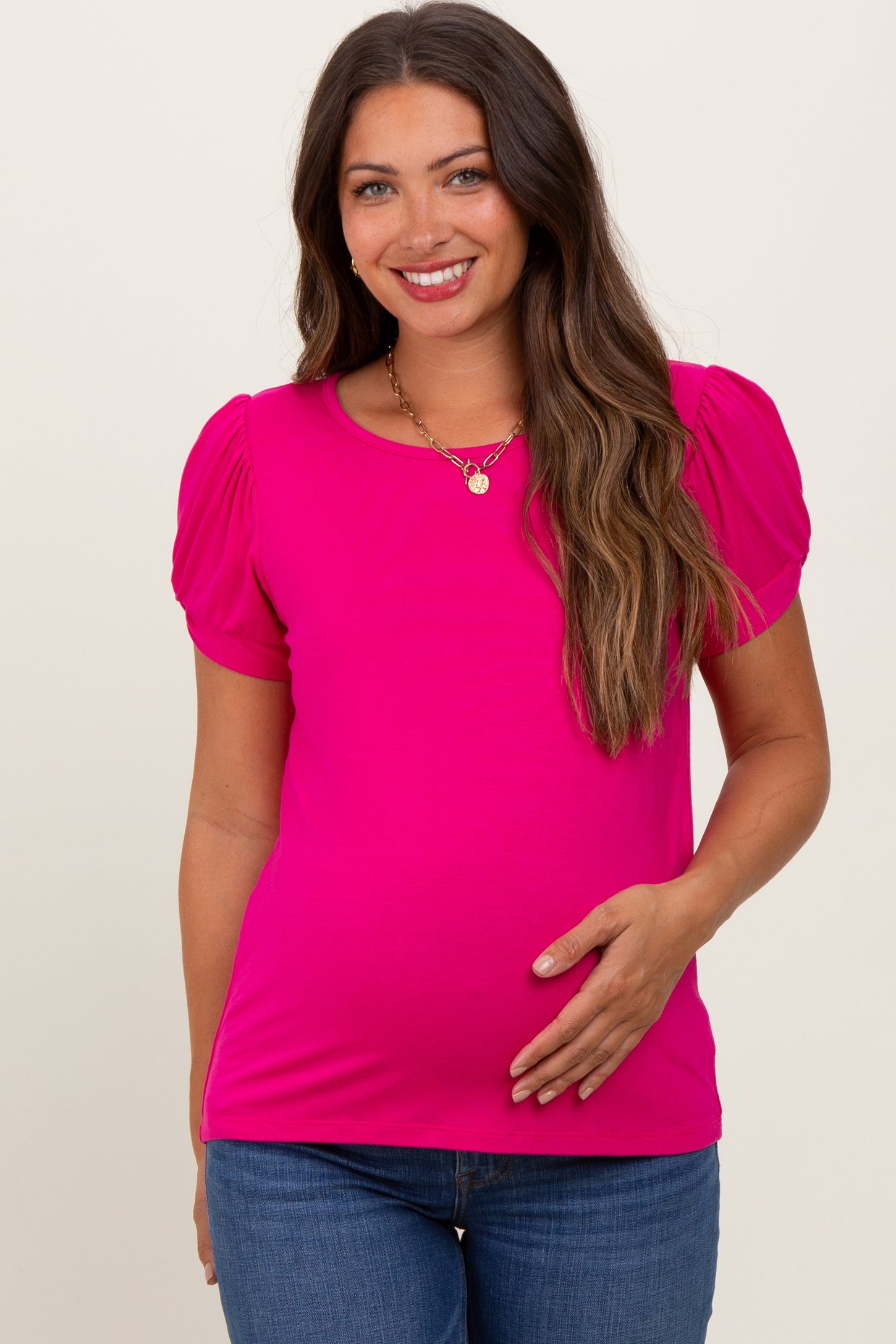 Fuchsia Basic Crew Neck Puff Sleeve Maternity Top