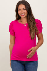 Fuchsia Basic Crew Neck Puff Sleeve Maternity Top