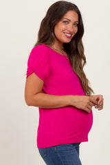 Fuchsia Basic Crew Neck Puff Sleeve Maternity Top