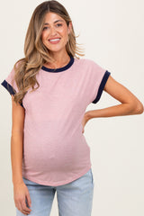 Red Pinstripe Contrast Trim Short Sleeve Maternity Tee