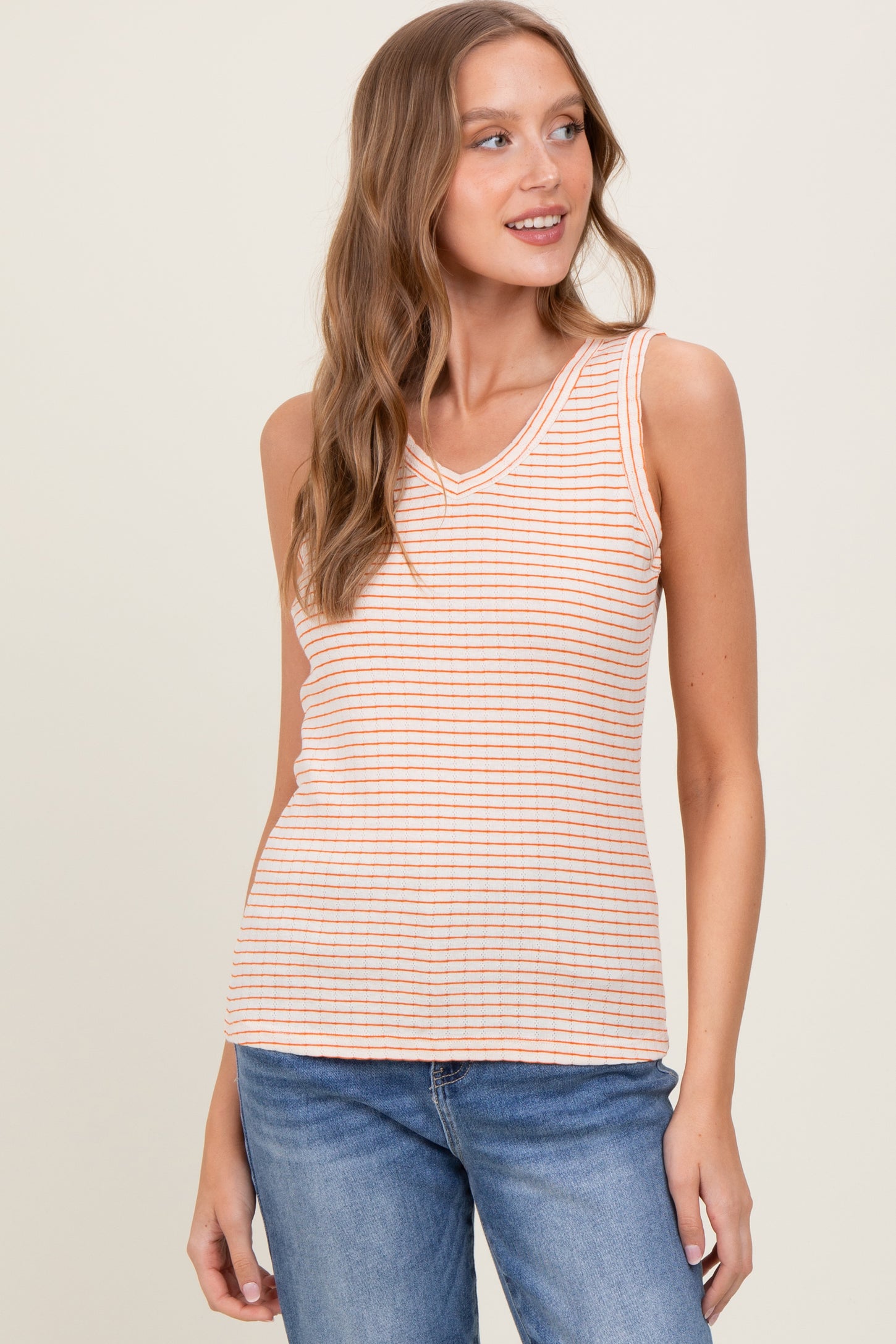 Orange Striped Knit V-Neck Maternity Tank Top
