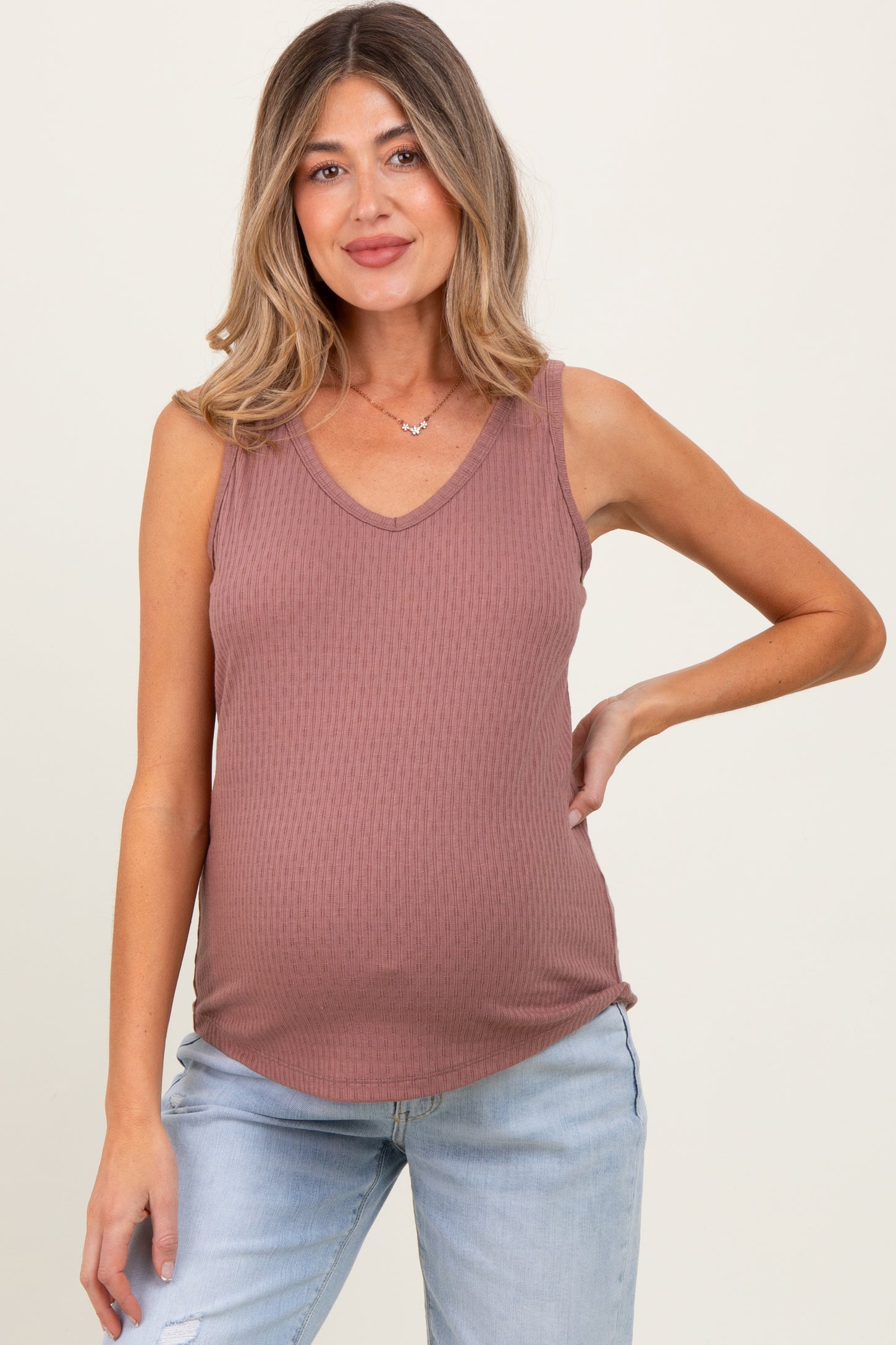 Mauve Pointelle Knit V-Neck Sleeveless Maternity Top