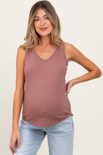 Mauve Pointelle Knit V-Neck Sleeveless Maternity Top