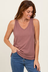 Mauve Pointelle Knit V-Neck Sleeveless Top