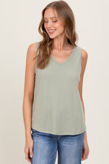 Light Olive Pointelle Knit V-Neck Sleeveless Top