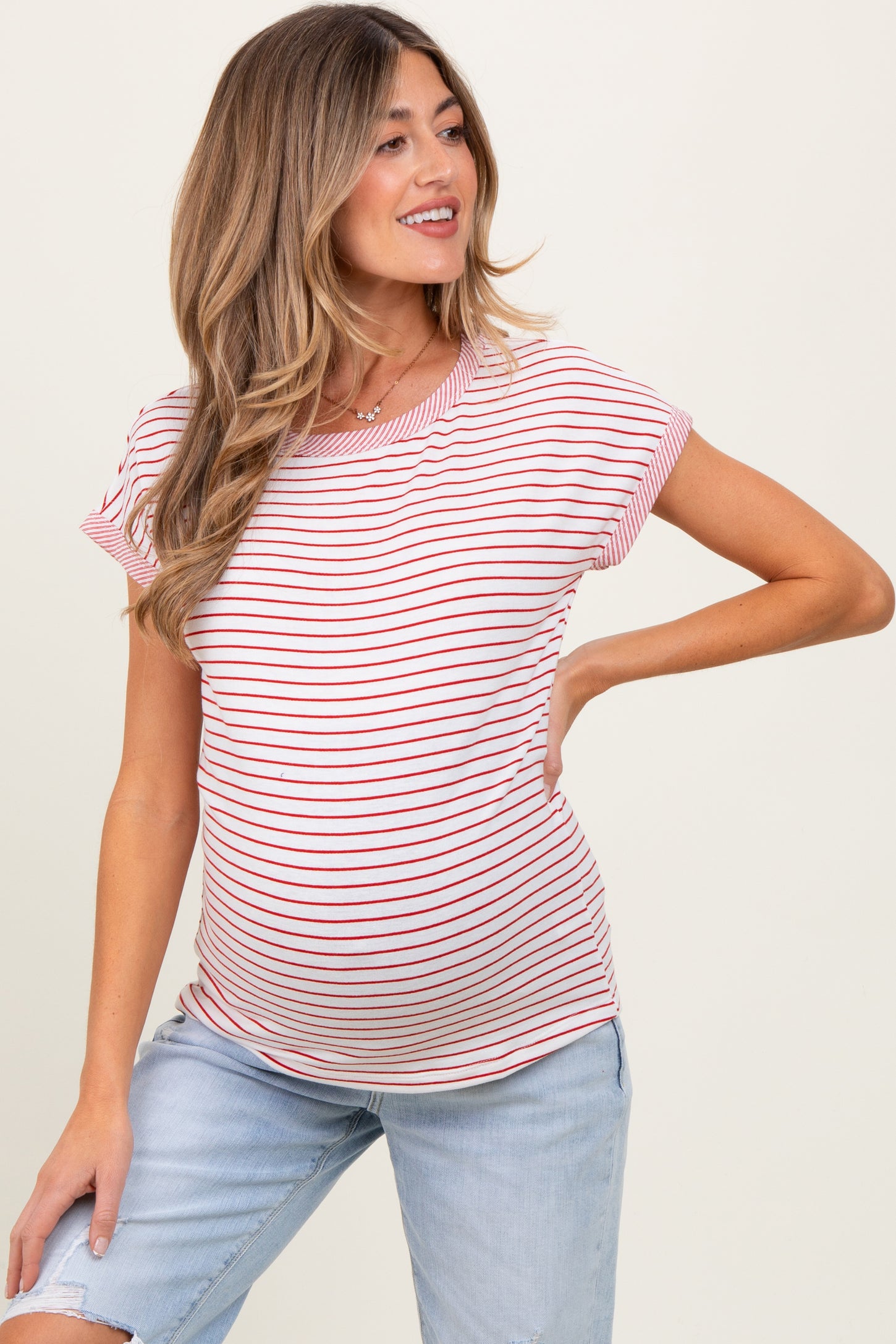 Red Pinstripe Soft Terry Short Sleeve Maternity Top
