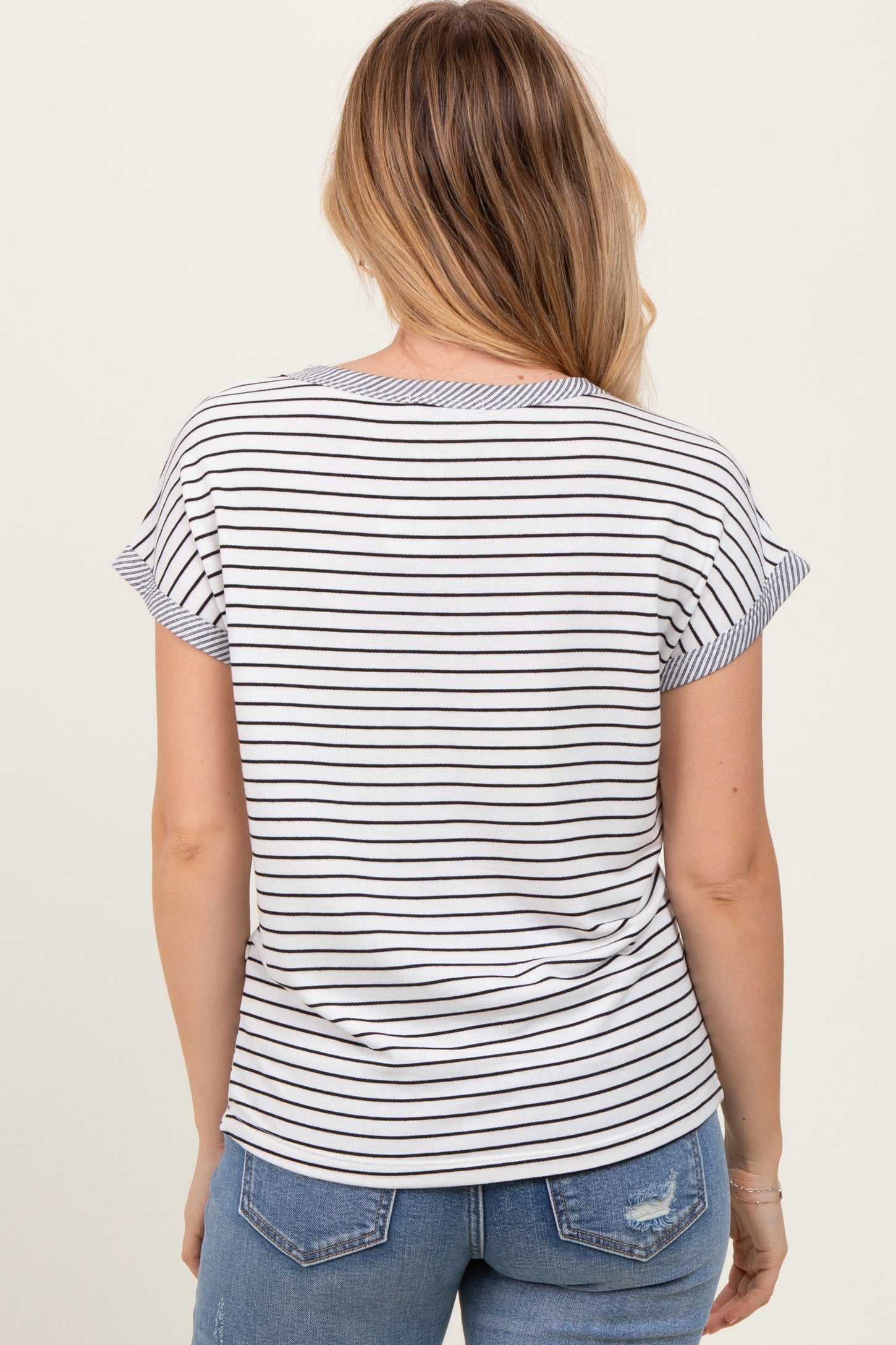 Black Pinstripe Soft Terry Short Sleeve Top