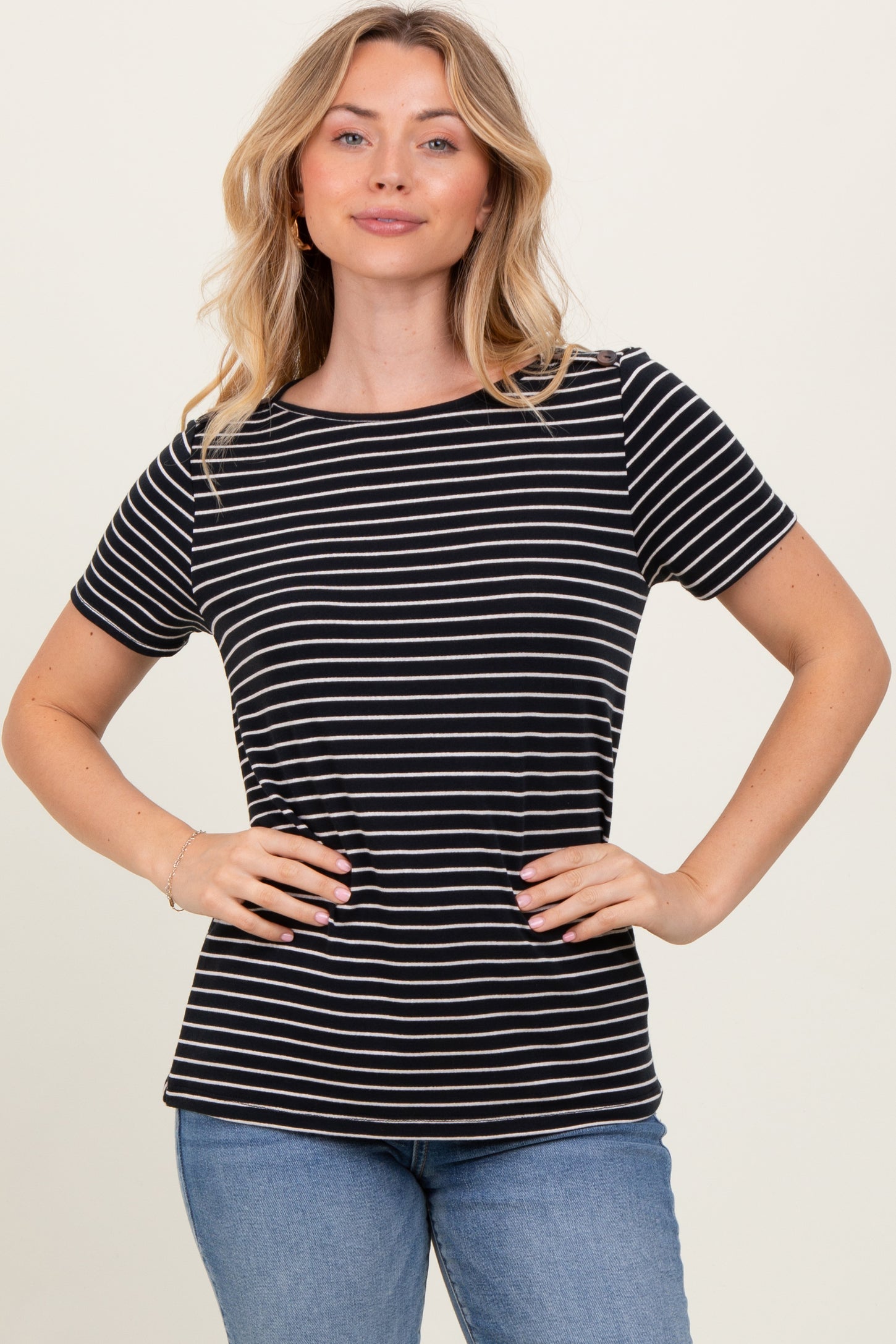 Black Pinstripe Shoulder Button Detail Top