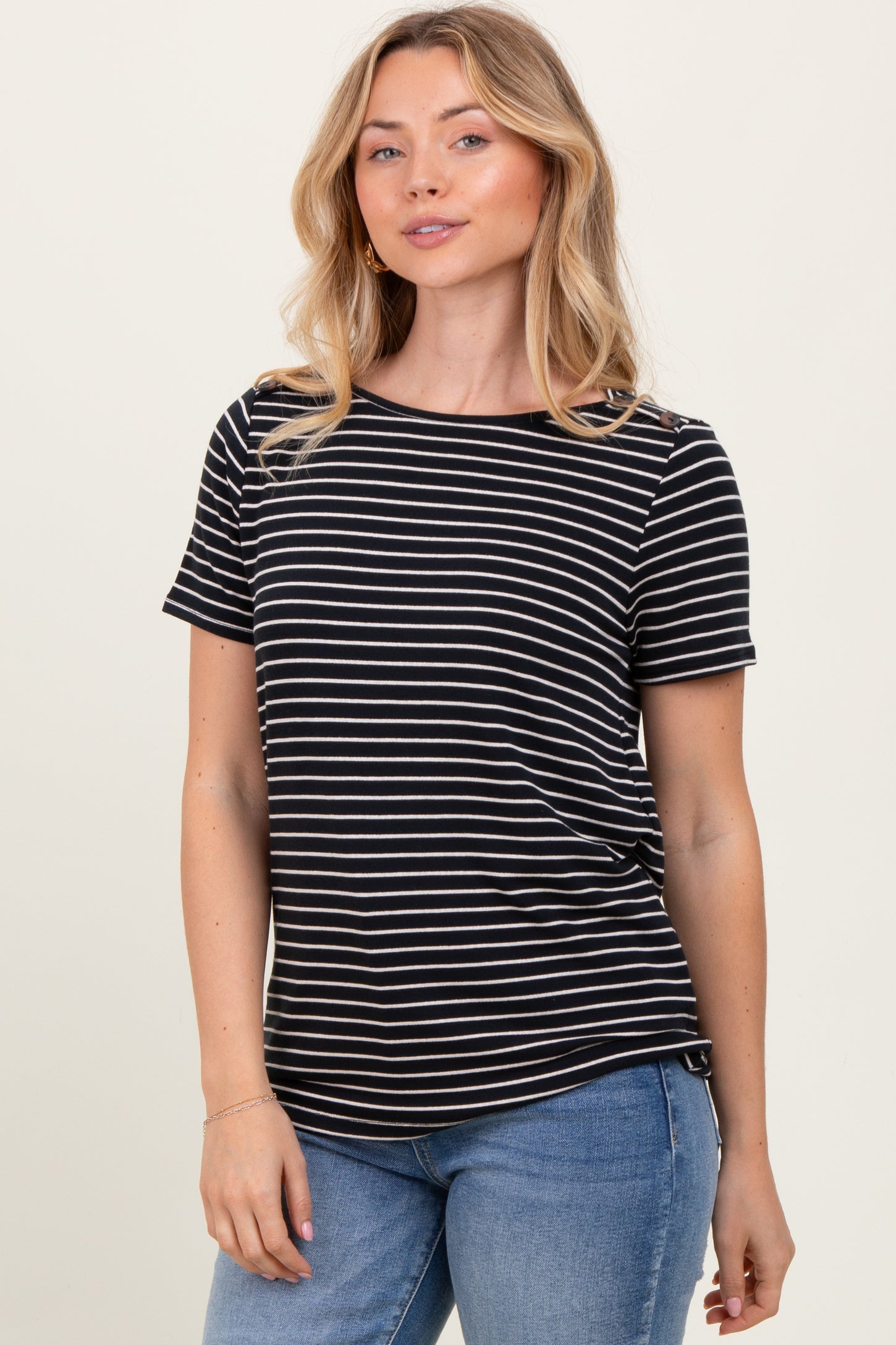 Black Pinstripe Shoulder Button Detail Top