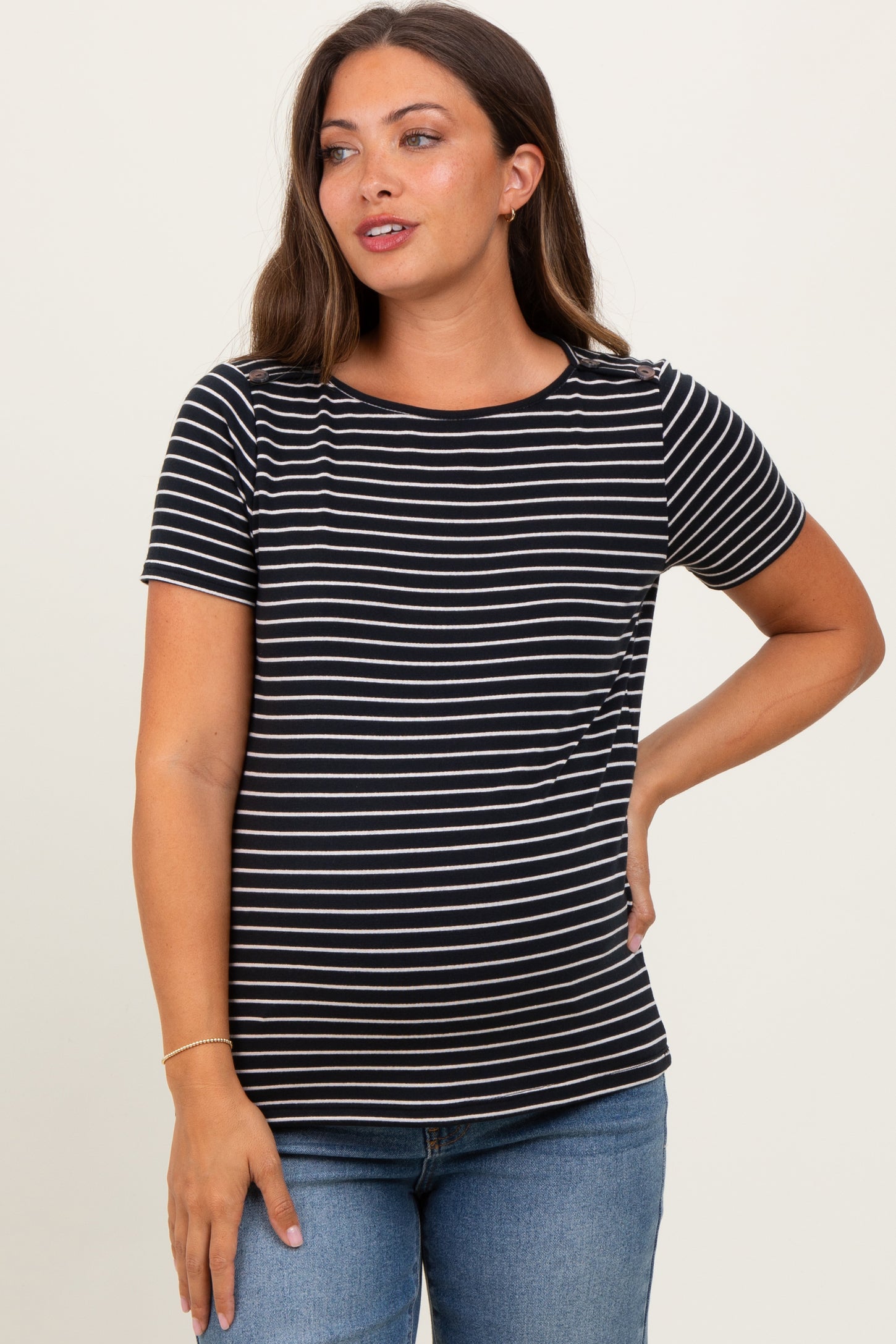 Black Pinstripe Shoulder Button Detail Maternity Top