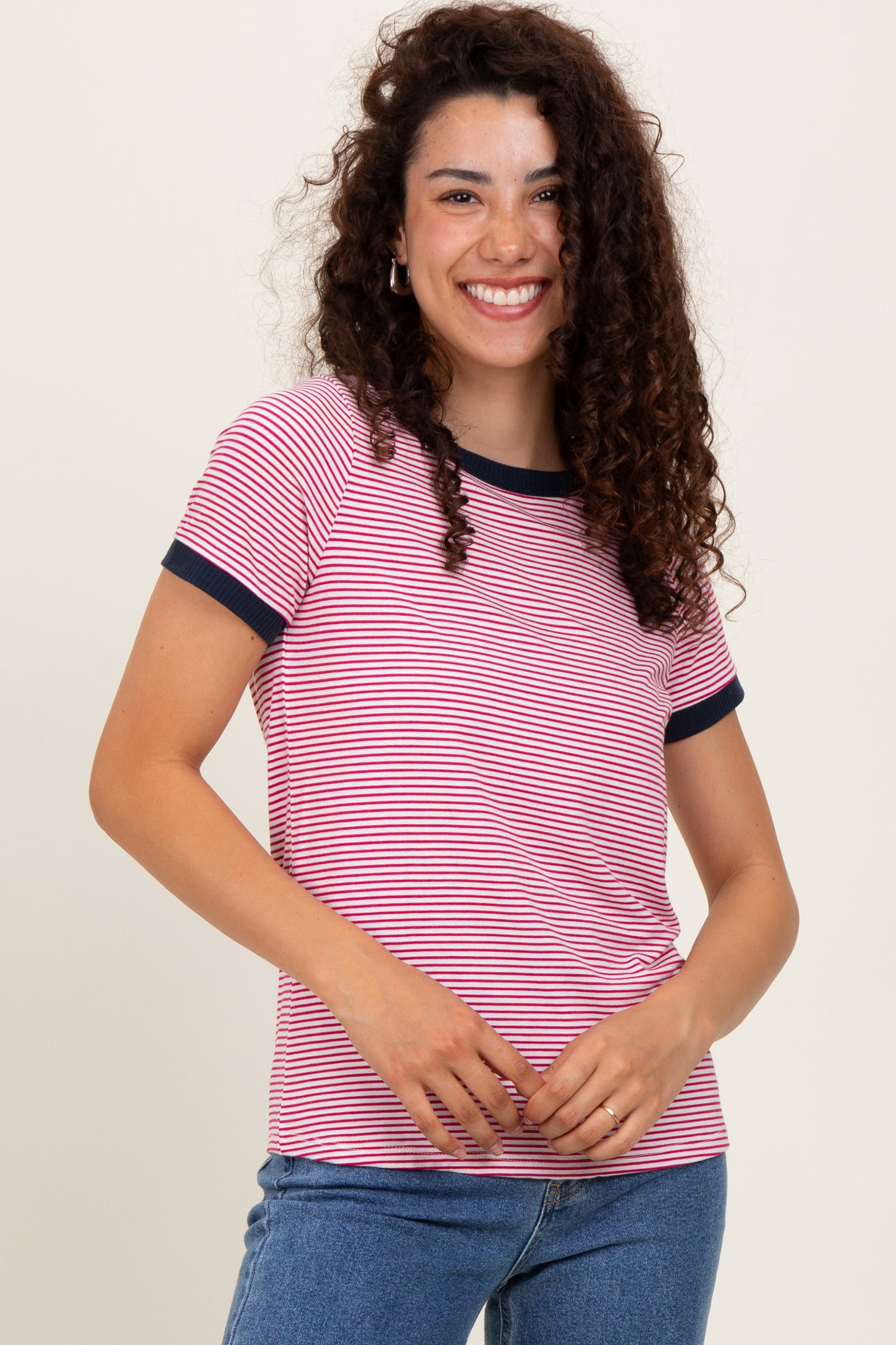 Navy Pinstripe Contrast Trim Tee