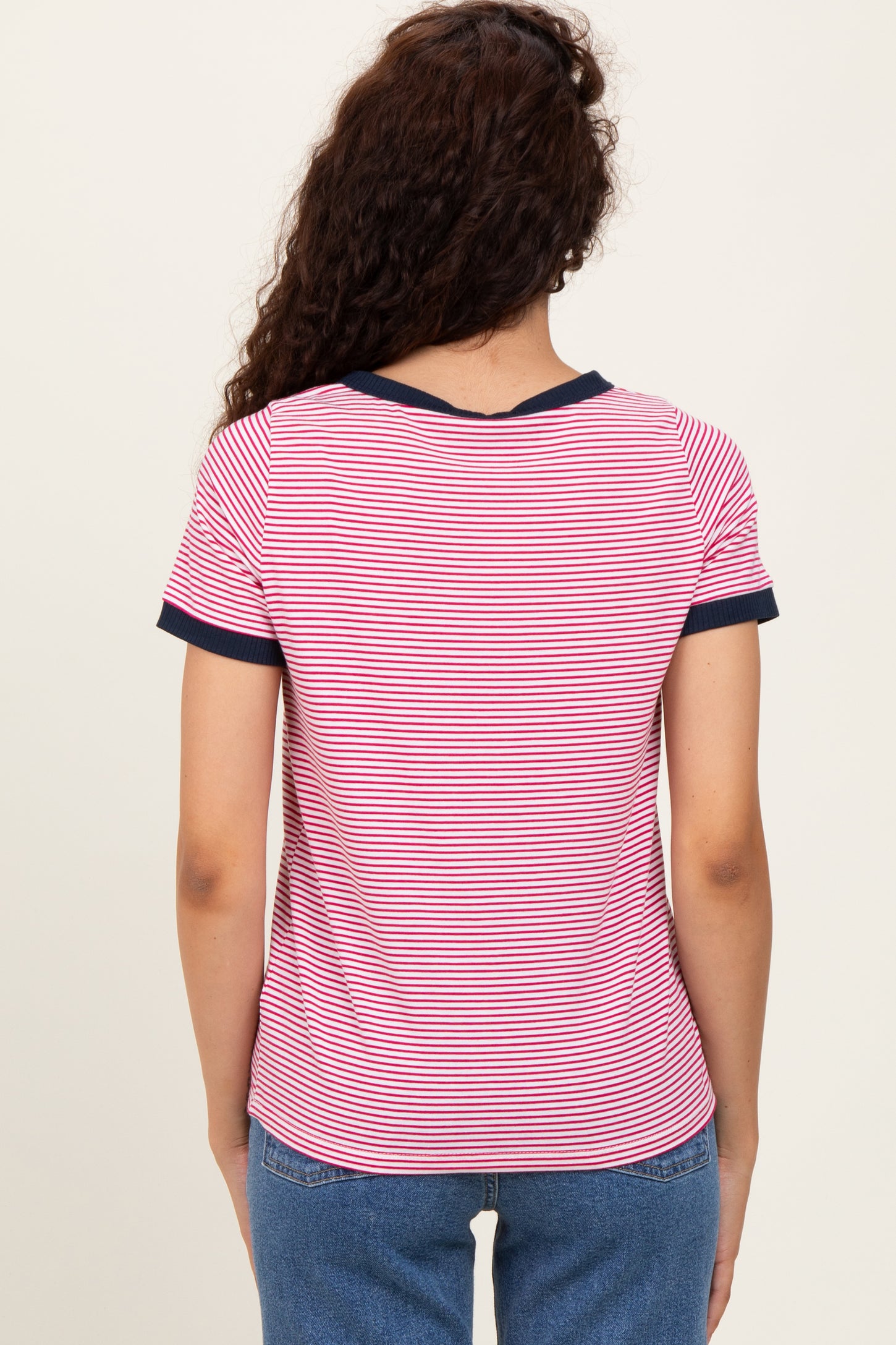 Navy Pinstripe Contrast Trim Tee