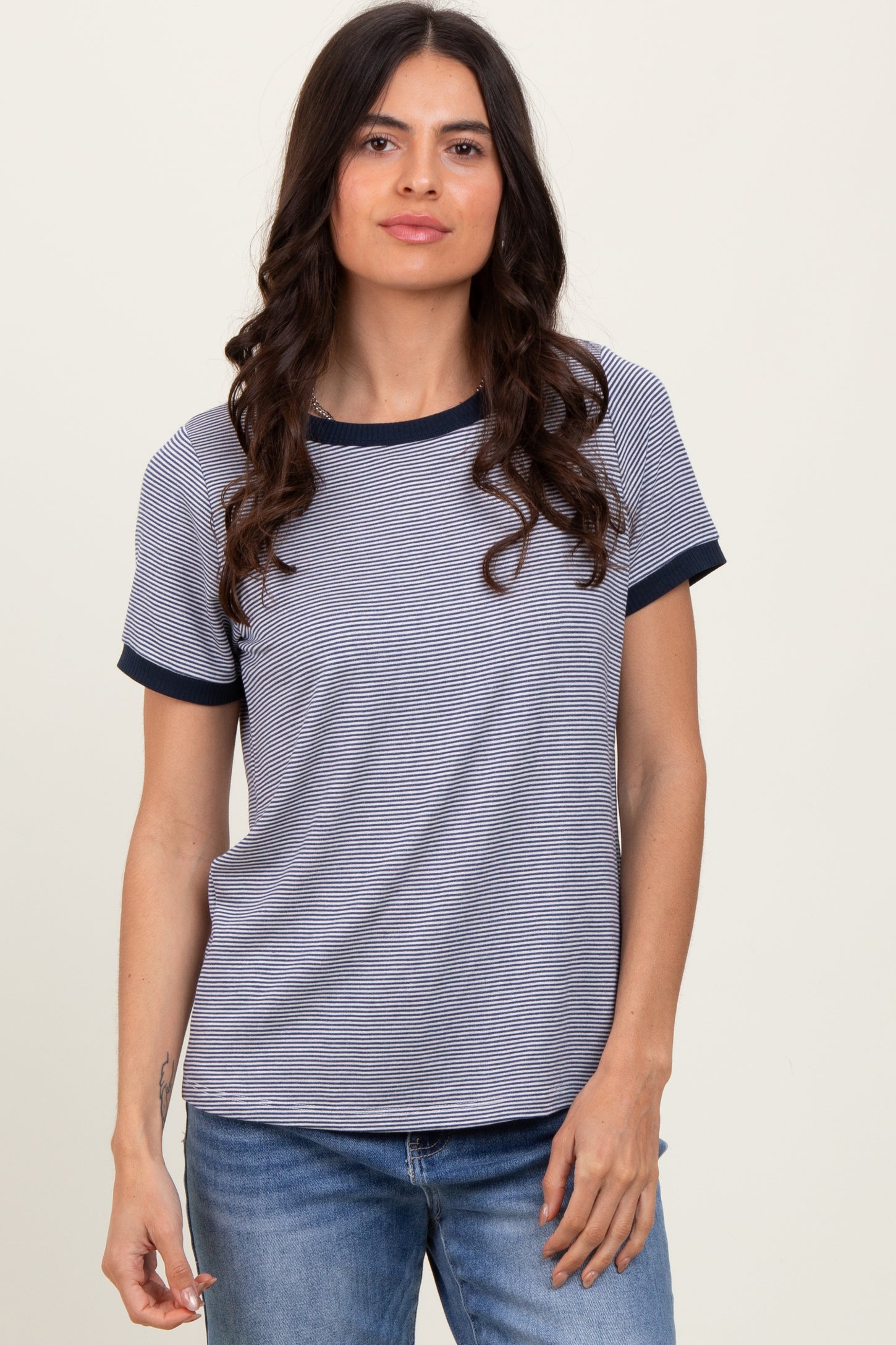 Navy Pinstripe Contrast Trim Maternity Tee