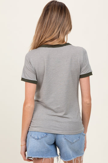 Olive Pinstripe Contrast Trim Maternity Tee
