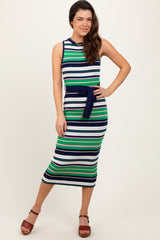 Navy Multi Striped Ribbed Knit Fitted Midi Dress