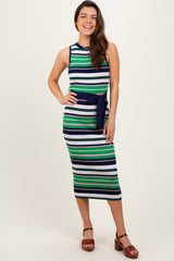 Navy Multi Striped Ribbed Knit Fitted Maternity Midi Dress