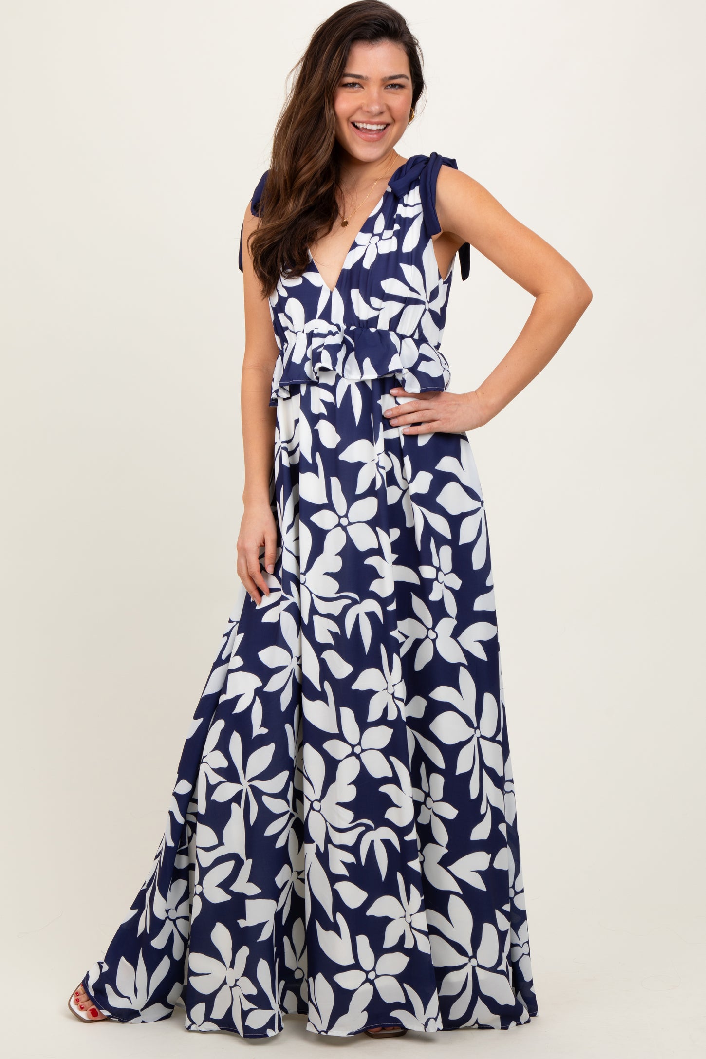Navy Floral Deep V-Neck Shoulder Tie Maternity Maxi Dress