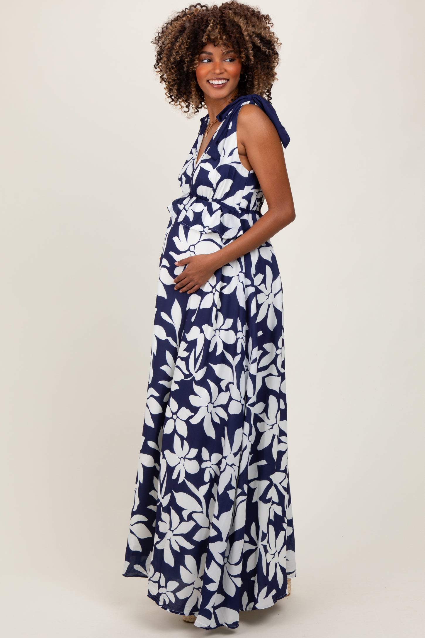 109682 Navy Floral Deep V-Neck Shoulder Tie Maternity Maxi Dress – PinkBlush