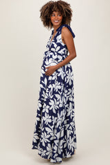 Navy Floral Deep V-Neck Shoulder Tie Maternity Maxi Dress