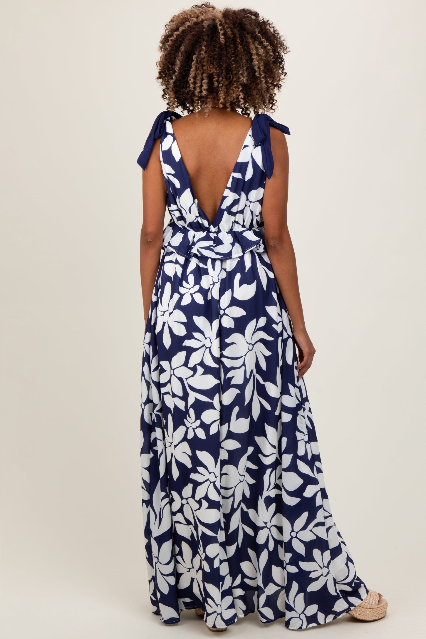 Navy Floral Deep V-Neck Shoulder Tie Maternity Maxi Dress