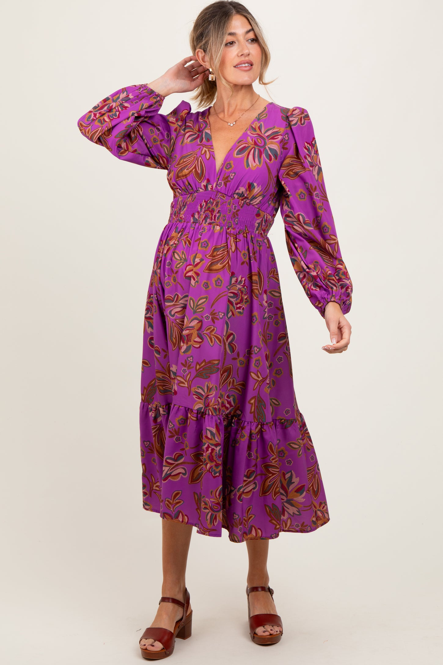 Plum Floral Smocked Waist Long Sleeve Maternity Midi Dress PinkBlush Plum Floral Smocked Waist Long Sleeve Maternity Midi Dress PinkBlush