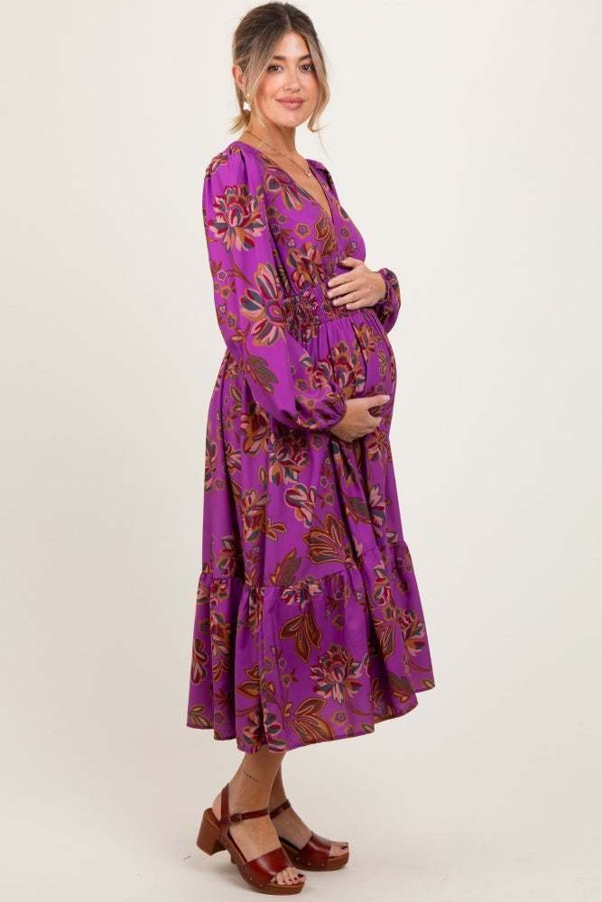 Plum Floral Smocked Waist Long Sleeve Maternity Midi Dress