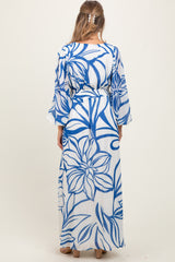 Blue Floral Smocked Waist Long Sleeve Maternity Maxi Dress