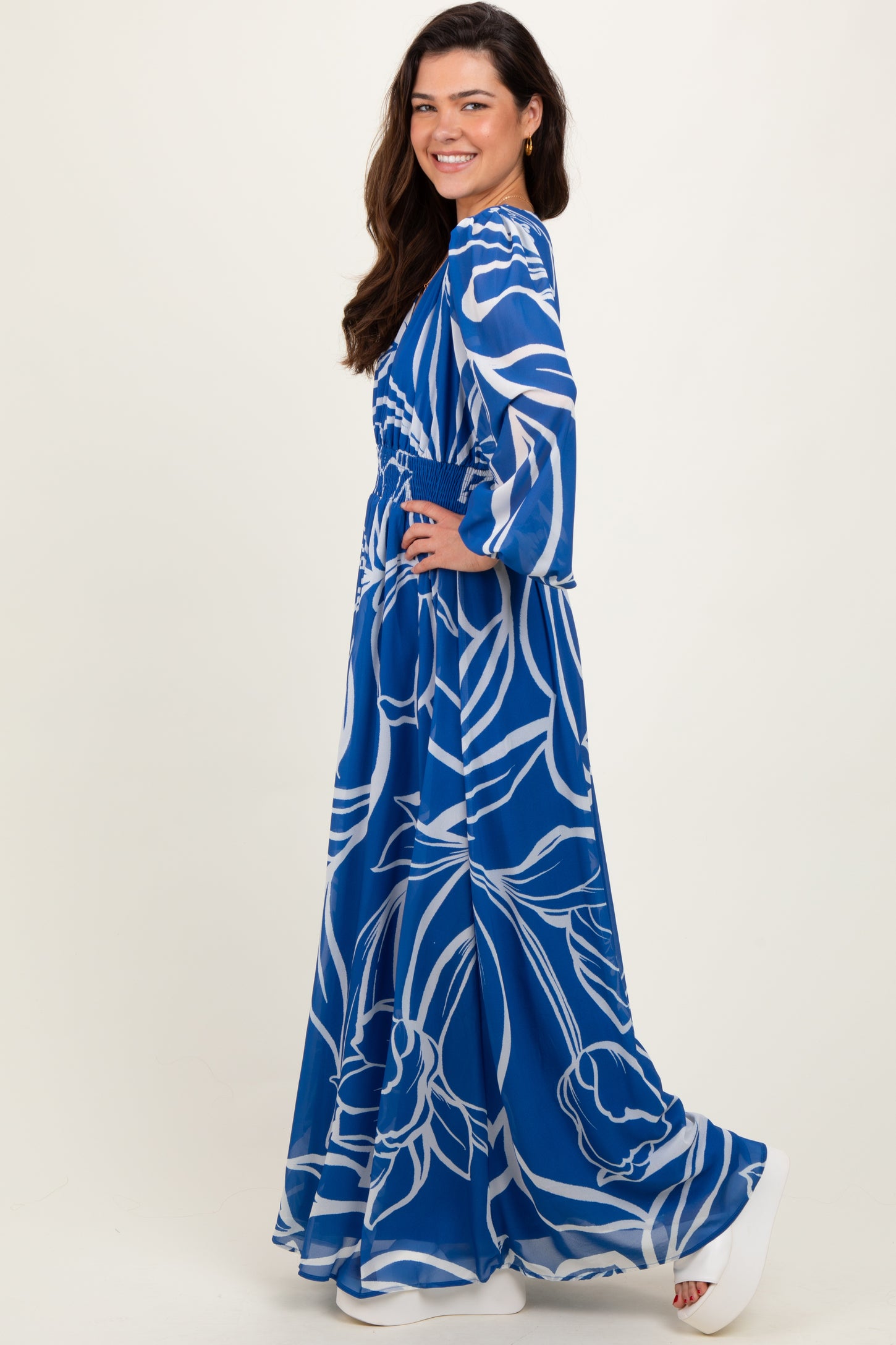 Navy Floral Smocked Waist Long Sleeve Maxi Dress PinkBlush Navy Floral Smocked Waist Long Sleeve Maxi Dress PinkBlush
