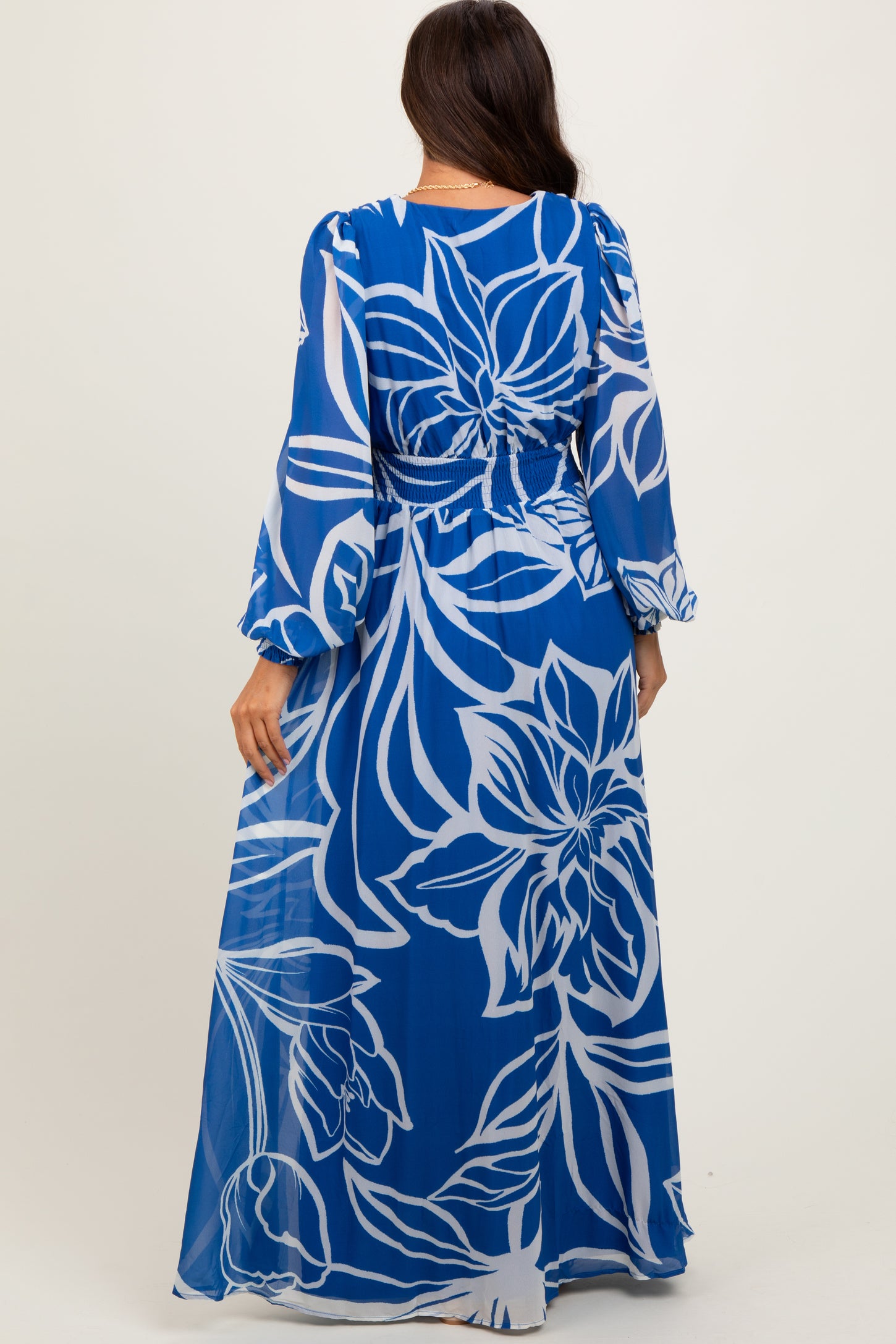 Navy Floral Smocked Waist Long Sleeve Maternity Maxi Dress