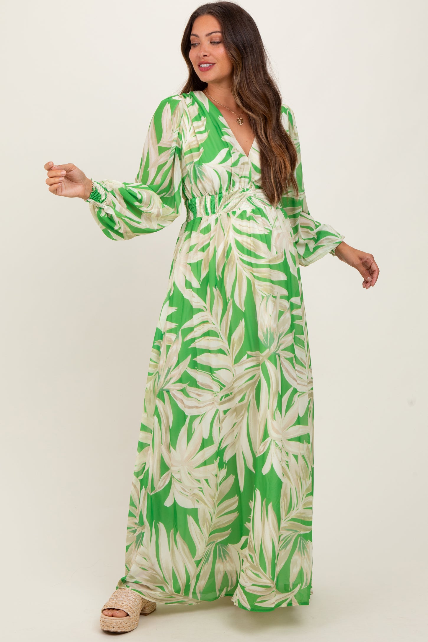 Lime Leaf Print Smocked Waist Long Sleeve Maternity Maxi Dress Lime Leaf Print Smocked Waist Long Sleeve Maternity Maxi Dress