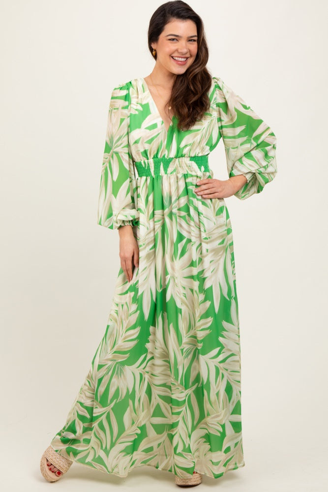Lime Leaf Print Smocked Waist Long Sleeve Maxi Dress – PinkBlush