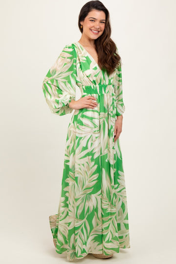 Lime Leaf Print Smocked Waist Long Sleeve Maxi Dress