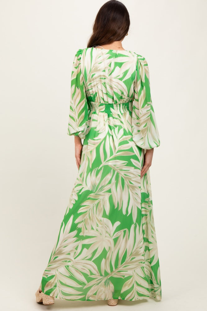 Lime Leaf Print Smocked Waist Long Sleeve Maxi Dress