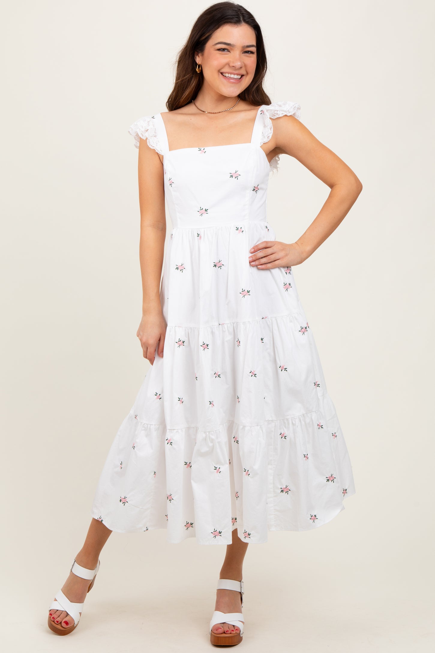 White Floral Embroidered Tiered Midi Dress – PinkBlush