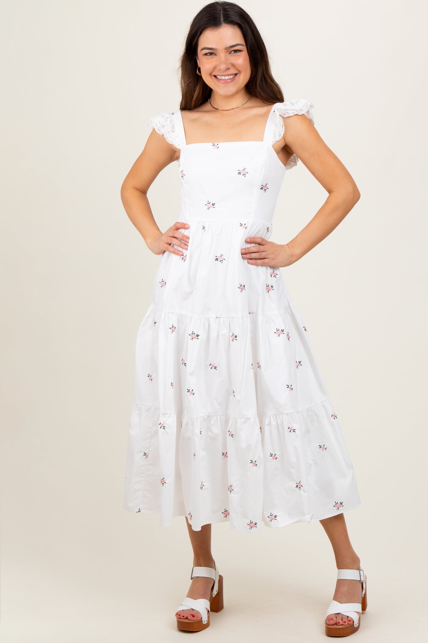 White Floral Embroidered Tiered Midi Dress