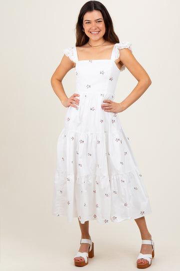 White Floral Embroidered Tiered Midi Dress