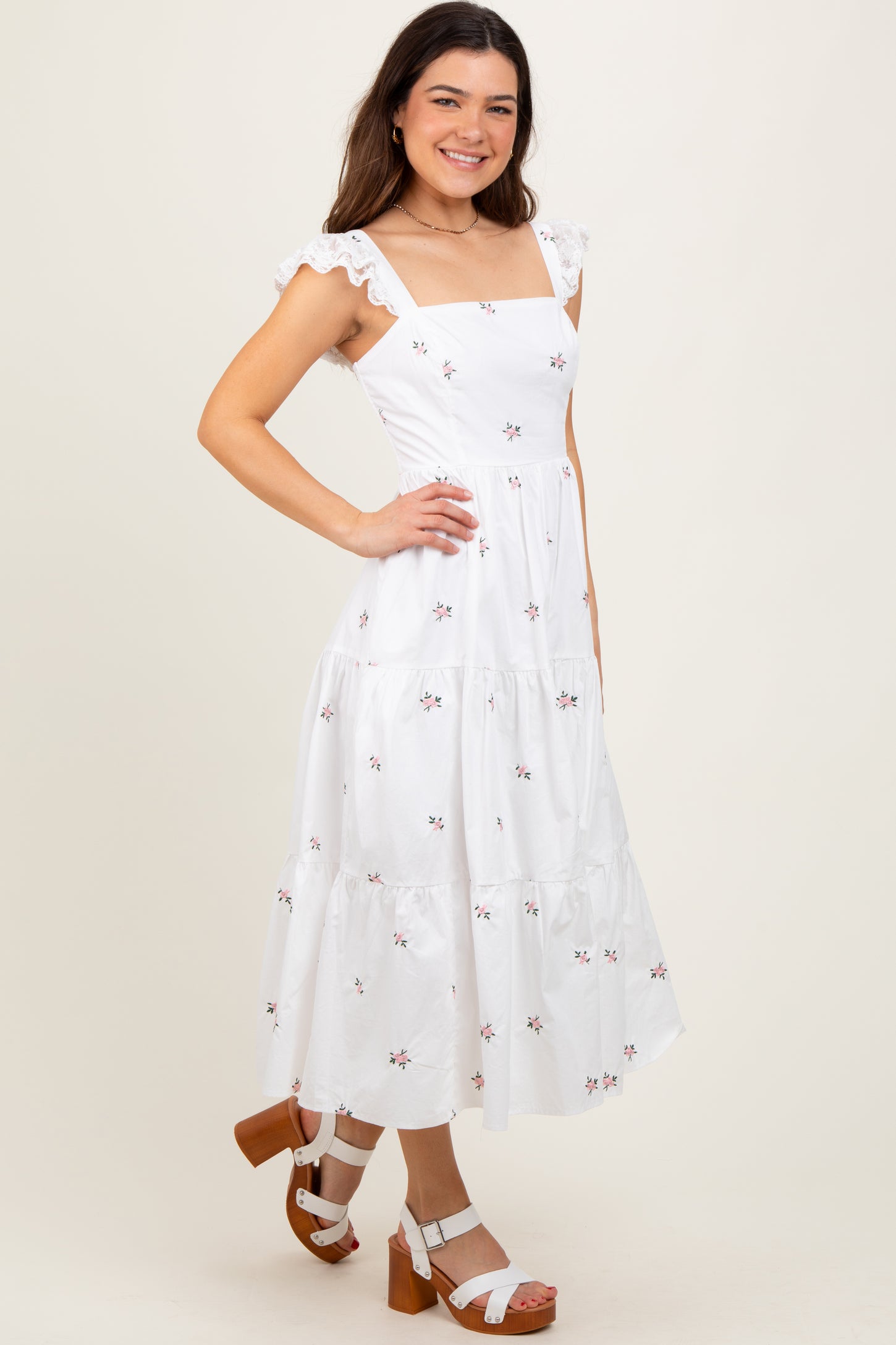 White Floral Embroidered Tiered Midi Dress PinkBlush White Floral Embroidered Tiered Midi Dress PinkBlush
