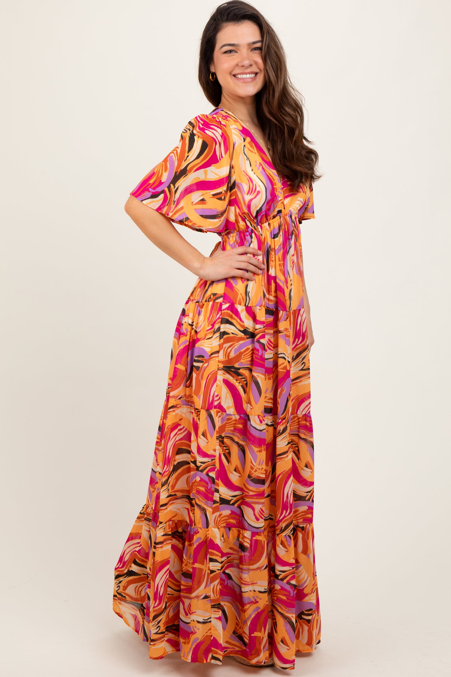 Magenta Brushstroke Print Tiered Maxi Dress